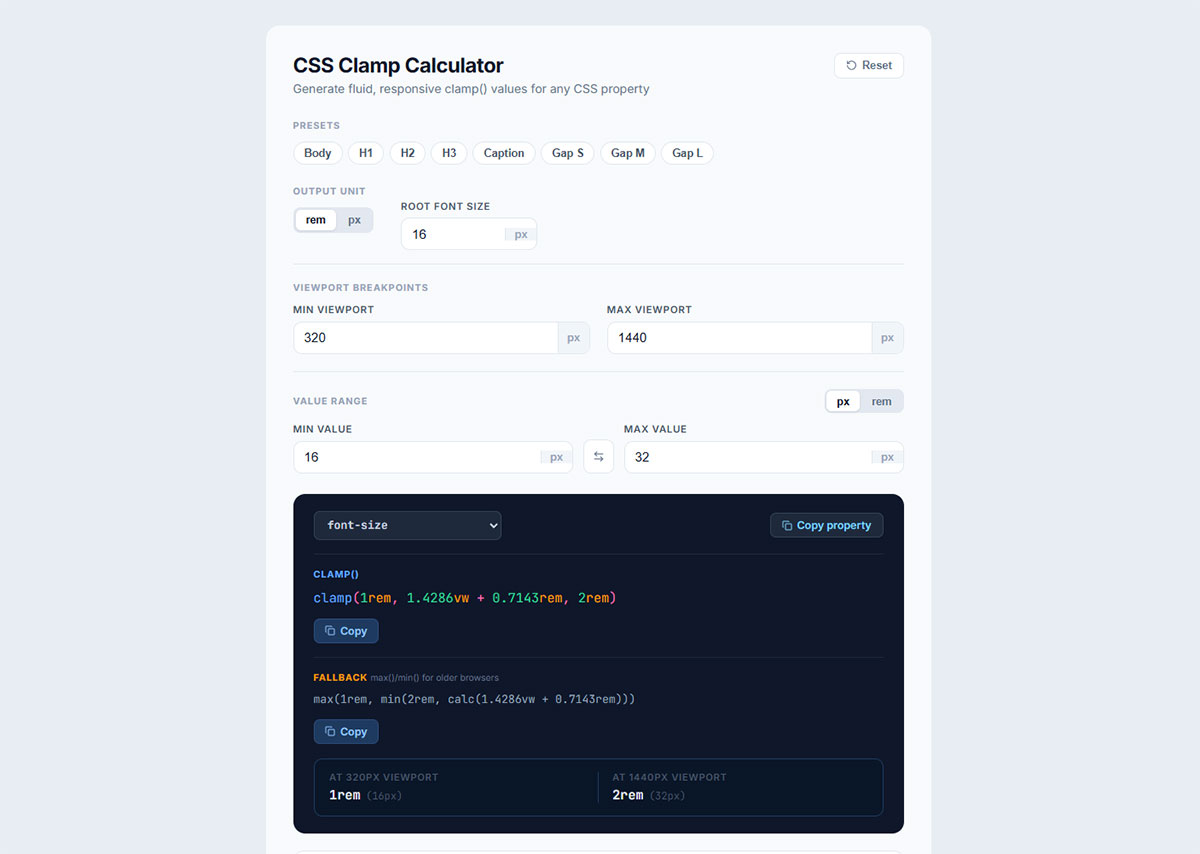 CSS Clamp Calculator by WPDean