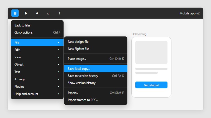 Figma main menu opened from the top-left corner with File expanded and Save local copy highlighted above the version history and Export commands