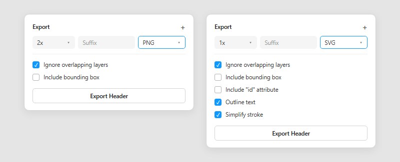Two Figma Export sections side by side, PNG at 2x with only overlapping layers and bounding box options, SVG at 1x adding id attribute, outline text and simplify stroke