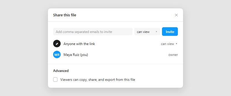 Figma Share dialog with the Advanced setting Viewers can copy, share, and export from this file switched off for a link set to can view