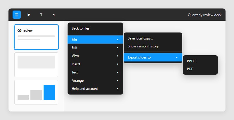 Figma Slides main menu with File open and Export slides to expanded, offering PPTX and PDF for a quarterly review deck